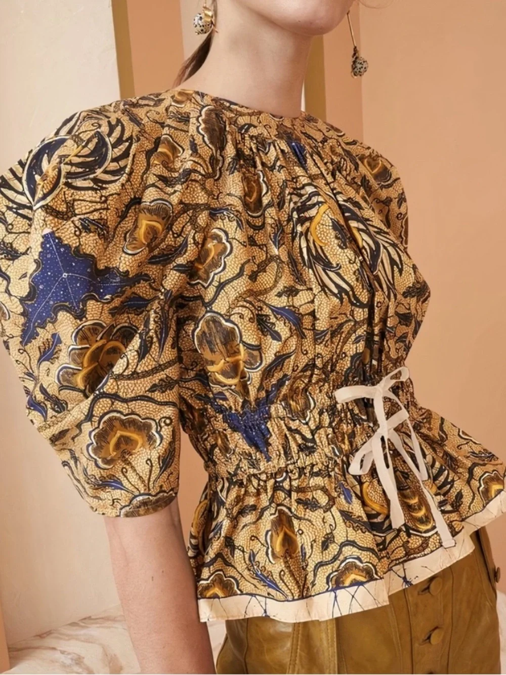 Ulla Johnson Denisa Short Puff Sleeve Horn Peplum Floral Cotton Top Size 4 Small